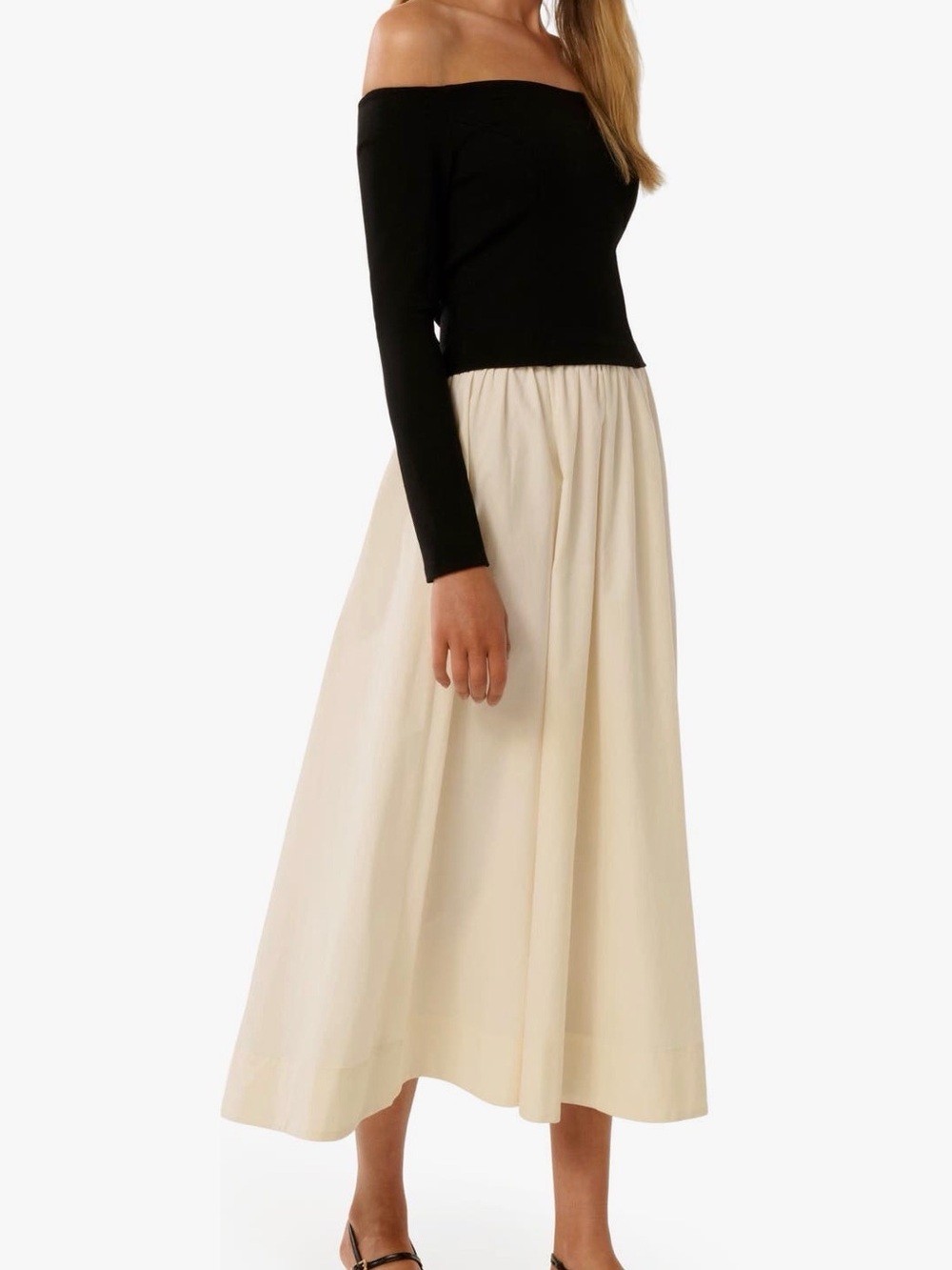 Ever New Savannah Off the Shoulder Midi Dress in Black and Cream size 12 NWT